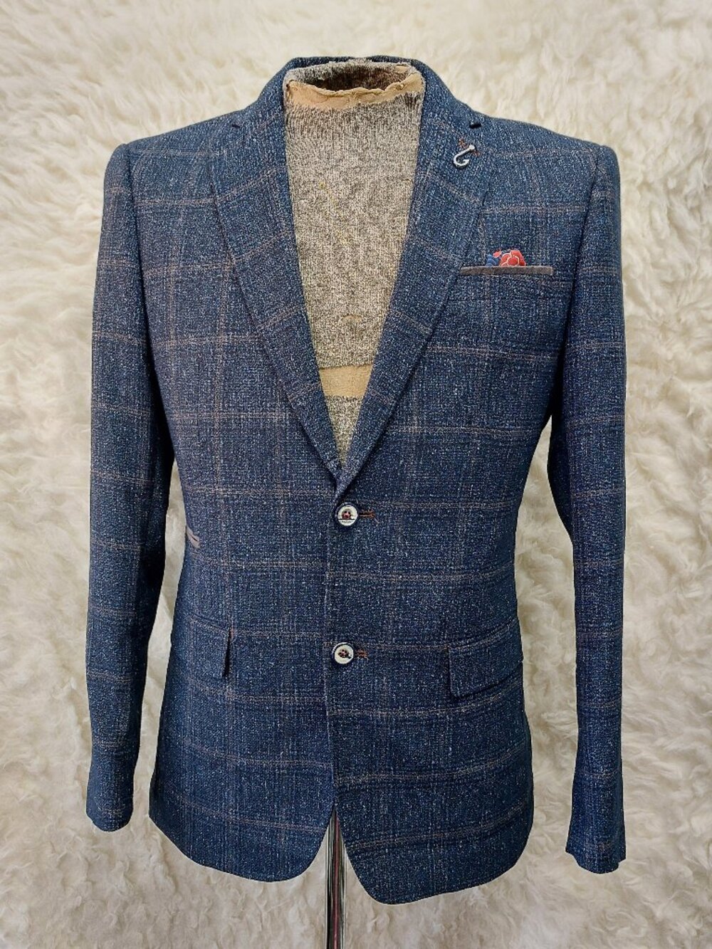 A Fish Named Fred Blazer Bue Windowpane Check Pattern and Vibrant Patterned Lini